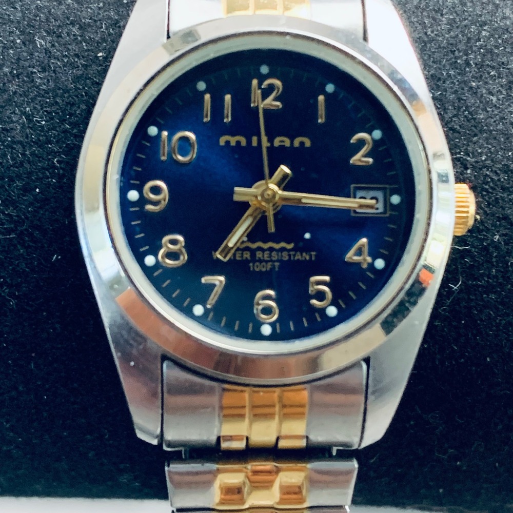 Milan MLN770 Two Tone Watch Blue Dial Date Window Japan Movt 100FT Water Resist